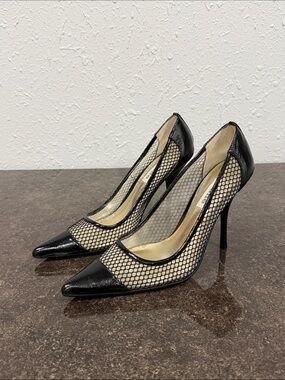 Dune Black Fishnet Pointed-Toe Mesh Stiletto Pumps Size 38 Y2K